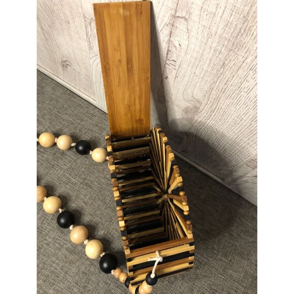 Women’s Round Brown Bamboo Wooden Beaded Shoulder Handbag Purse - Picture 4 of 6